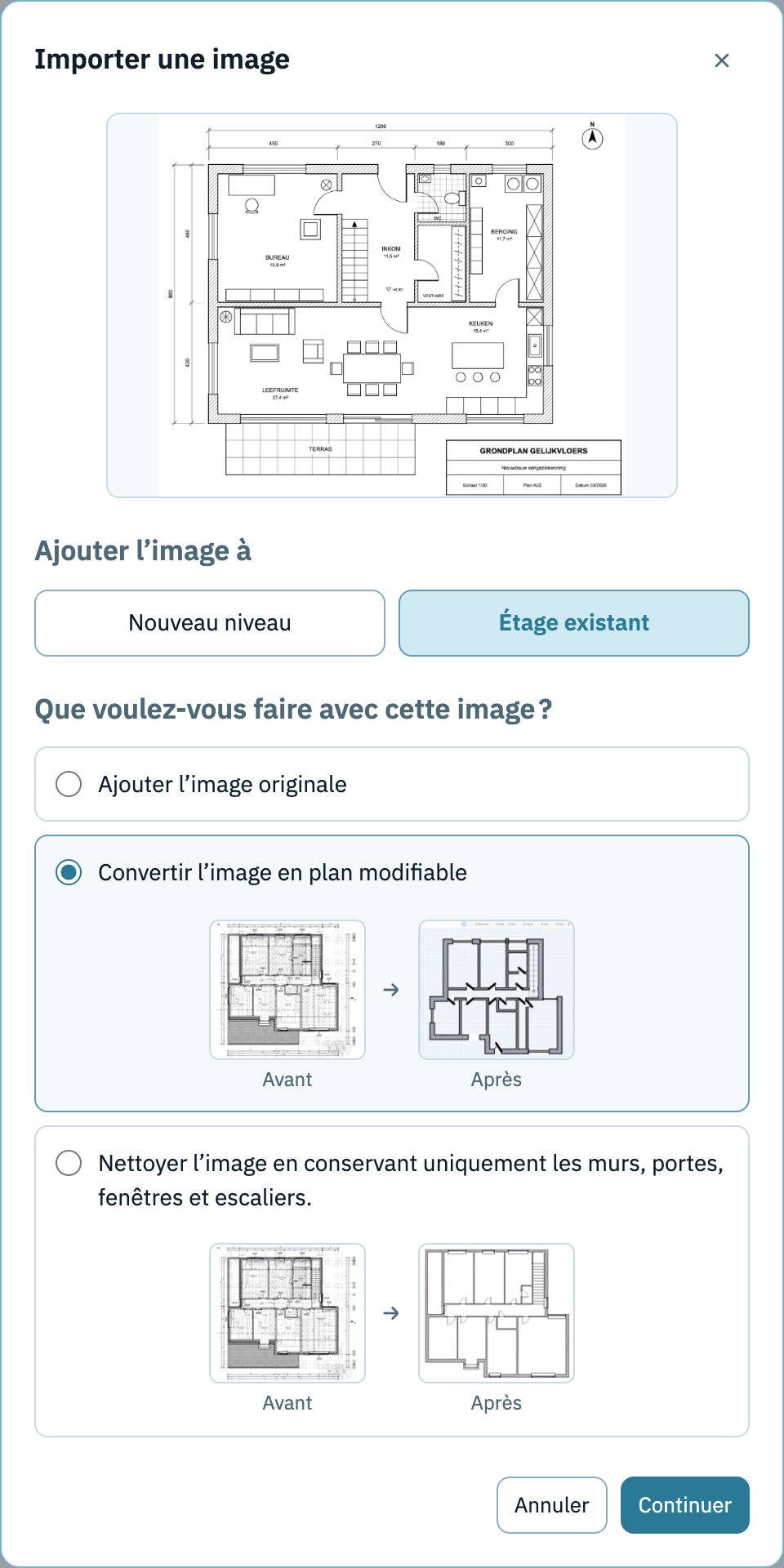 fenêtre d'import avec le choix du niveau et le choix d'ajouter l'image originale, de la convertir en plan modifiable ou de la nettoyer
