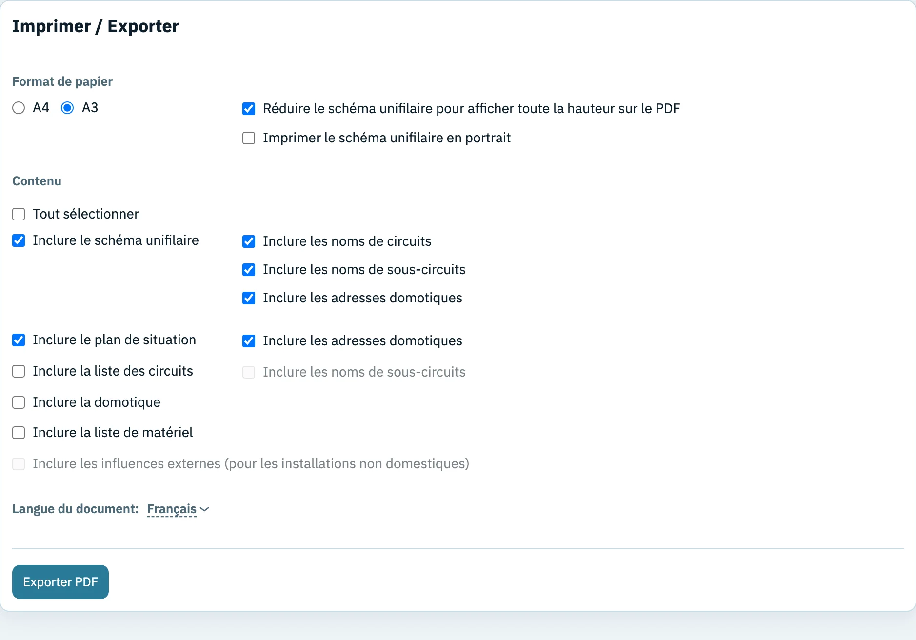 L'écran Imprimer / Exporter avec le format de papier A4 ou A3, des options pour réduire le schéma unifilaire ou l'imprimer en portrait, et des cases pour le schéma unifilaire, le plan de situation, la liste des circuits, la domotique et la liste de matériel, avec en bas le bouton Exporter PDF.
