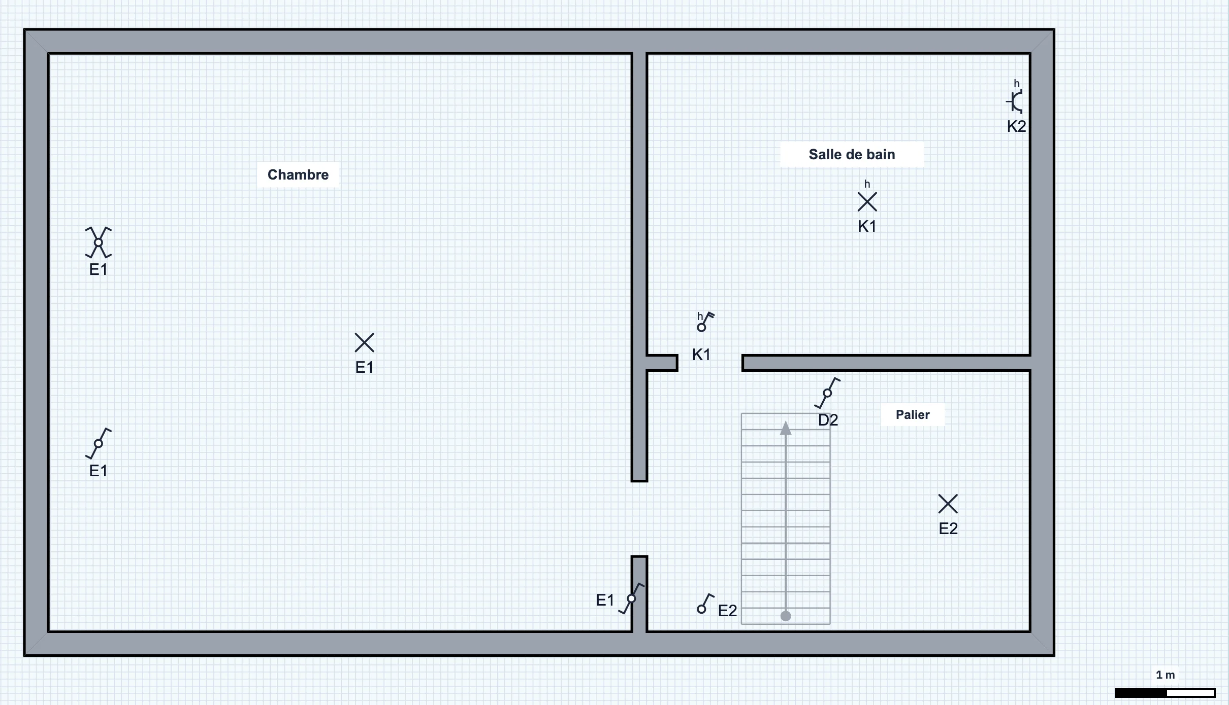 Plan de situation de l'étage : chambre avec la lampe E1 et trois interrupteurs E1, salle de bain avec la lampe et l'interrupteur K1 et la prise K2, palier avec l'escalier, l'interrupteur D2 et la lampe et l'interrupteur E2.