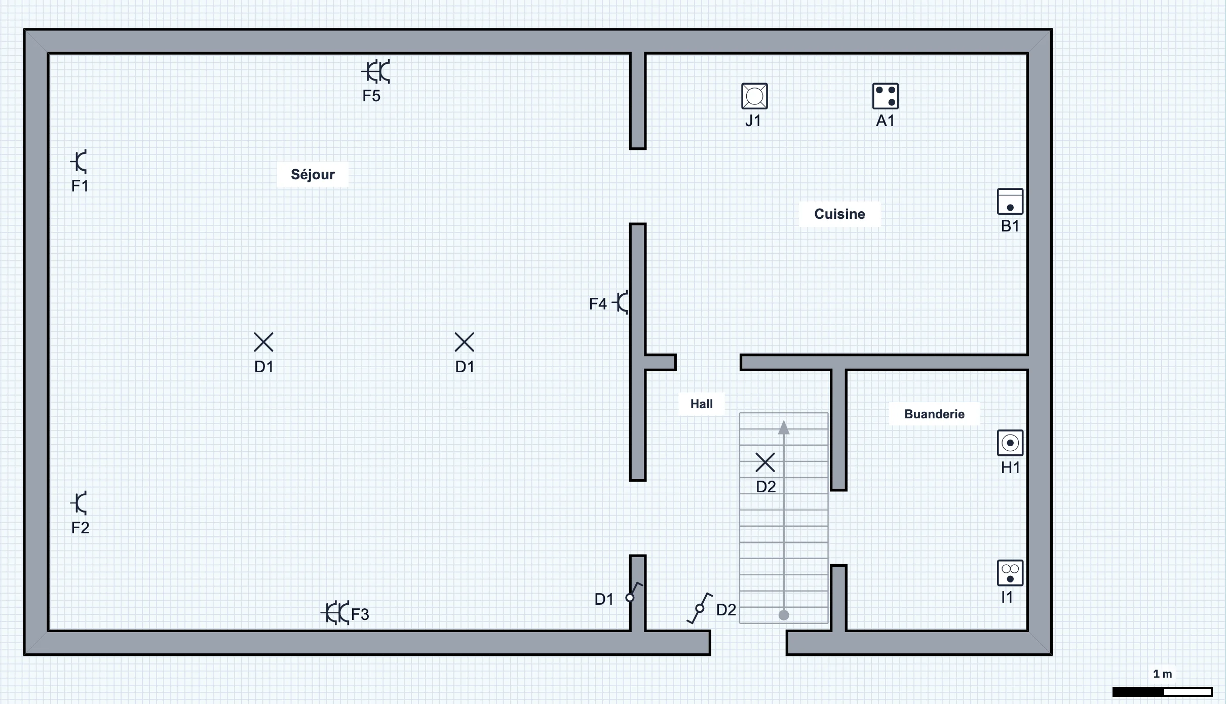 Plan de situation du rez-de-chaussée : séjour avec les lampes D1 et les prises F1 à F5, cuisine avec le lave-vaisselle J1, la plaque de cuisson A1 et le four B1, hall avec l'escalier et la lampe D2, buanderie avec le lave-linge H1 et le sèche-linge I1.