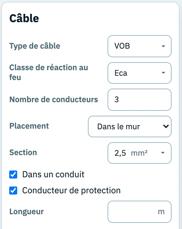 Le panneau de réglages Câble du circuit F : type de câble VOB, classe de réaction au feu Eca, 3 conducteurs, placement dans le mur, section 2,5 mm², dans un conduit et conducteur de protection cochés.