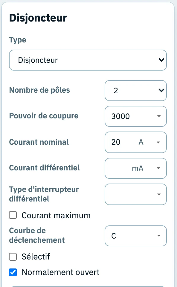 Le panneau Disjoncteur du circuit F : type Disjoncteur, 2 pôles, pouvoir de coupure 3000, courant nominal 20 A, courbe C.
