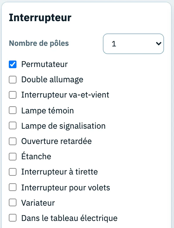 Le panneau de réglages Interrupteur de l'interrupteur du milieu de E1 : 1 pôle, Permutateur coché.