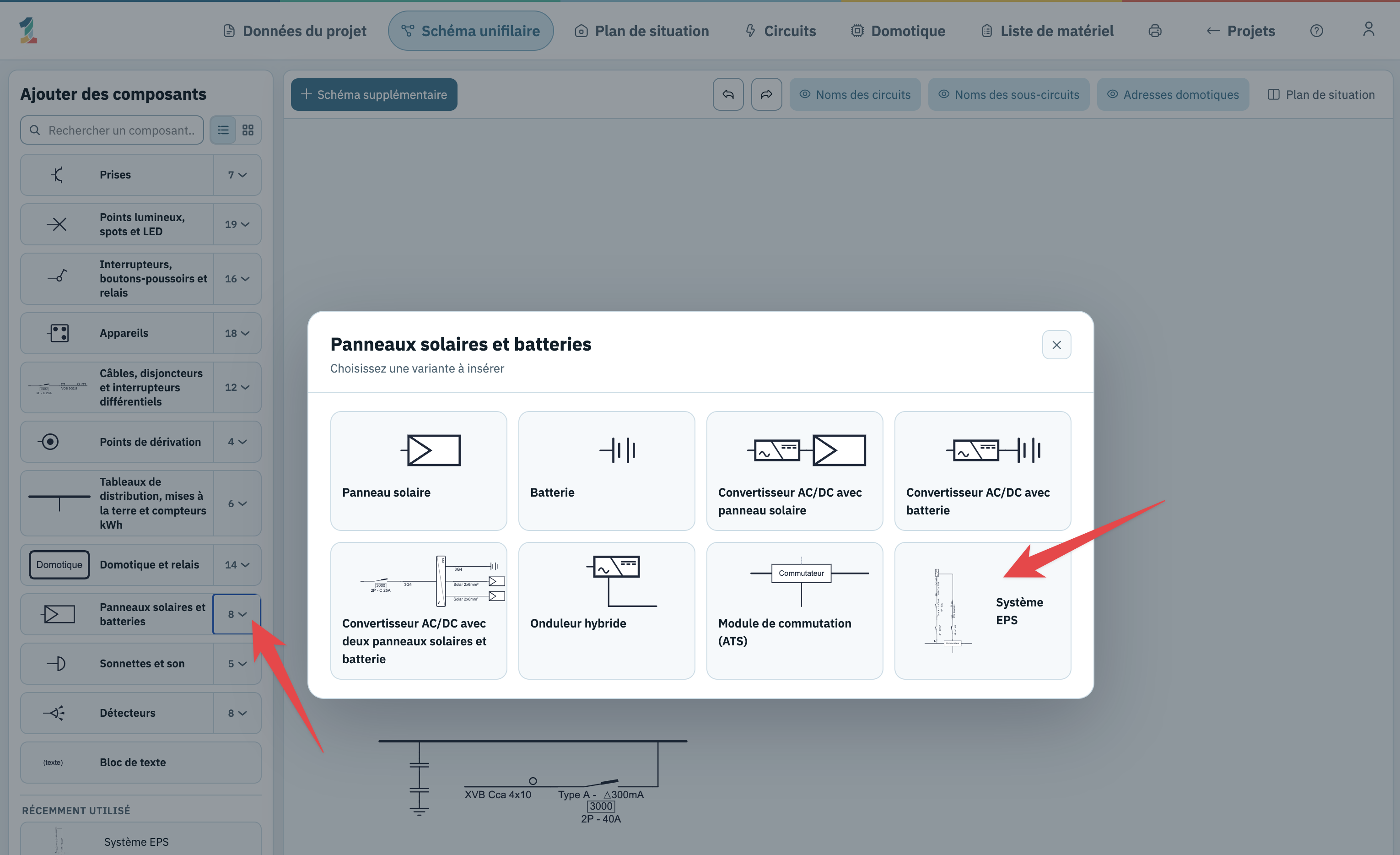 La bibliothèque de symboles avec les symboles Onduleur hybride, Module de commutation (ATS) et Système EPS.